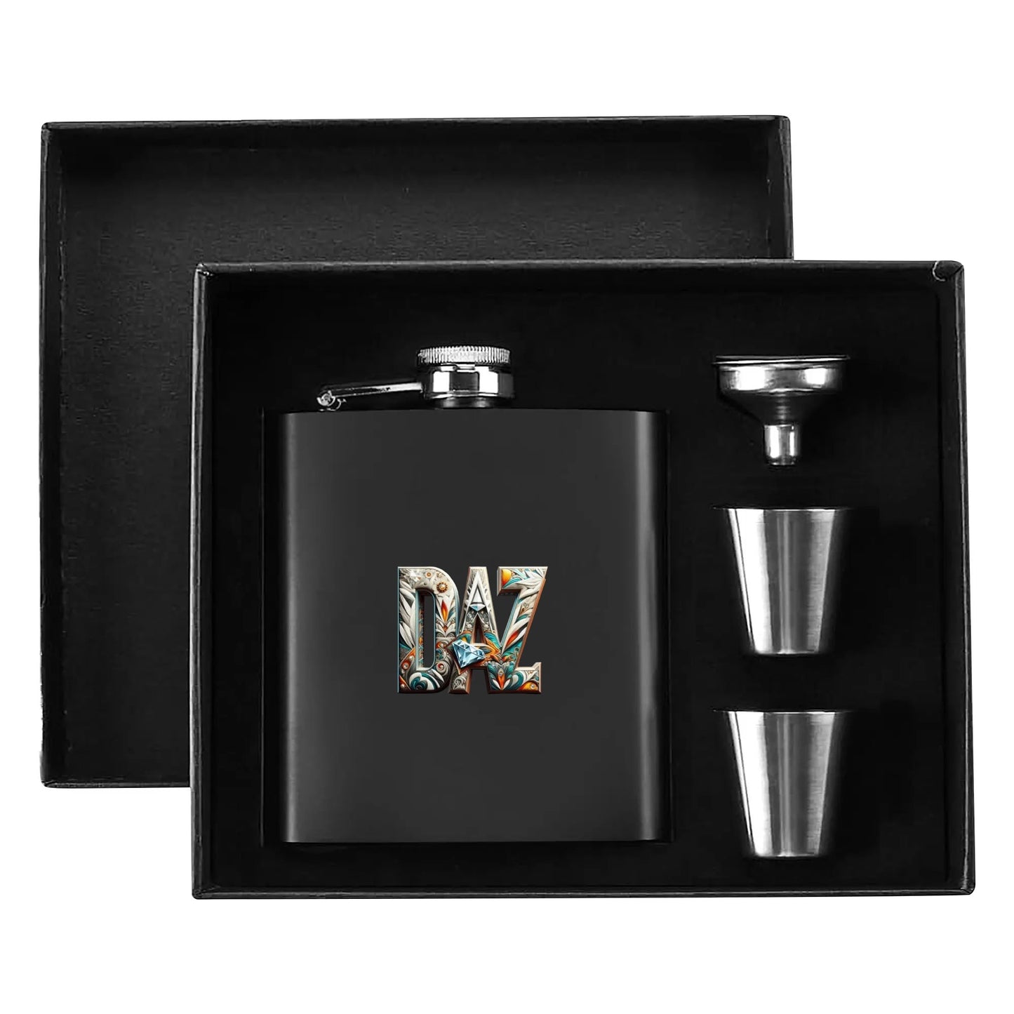 DAZ Luxury Black Stainless Steel 7oz Personalized Hip Flask Set with Gift Box