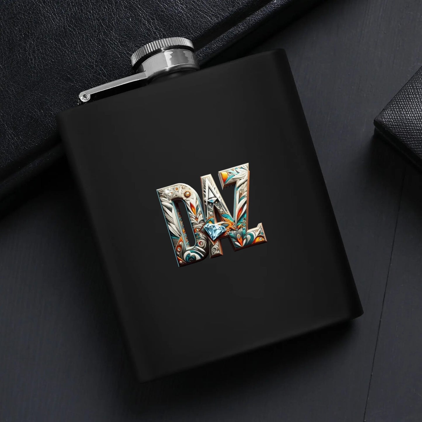 DAZ Luxury Black Stainless Steel 7oz Personalized Hip Flask Set with Gift Box