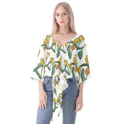 DAZ Premium Chiffon Blouse with Front Knot and V Neckline for Women