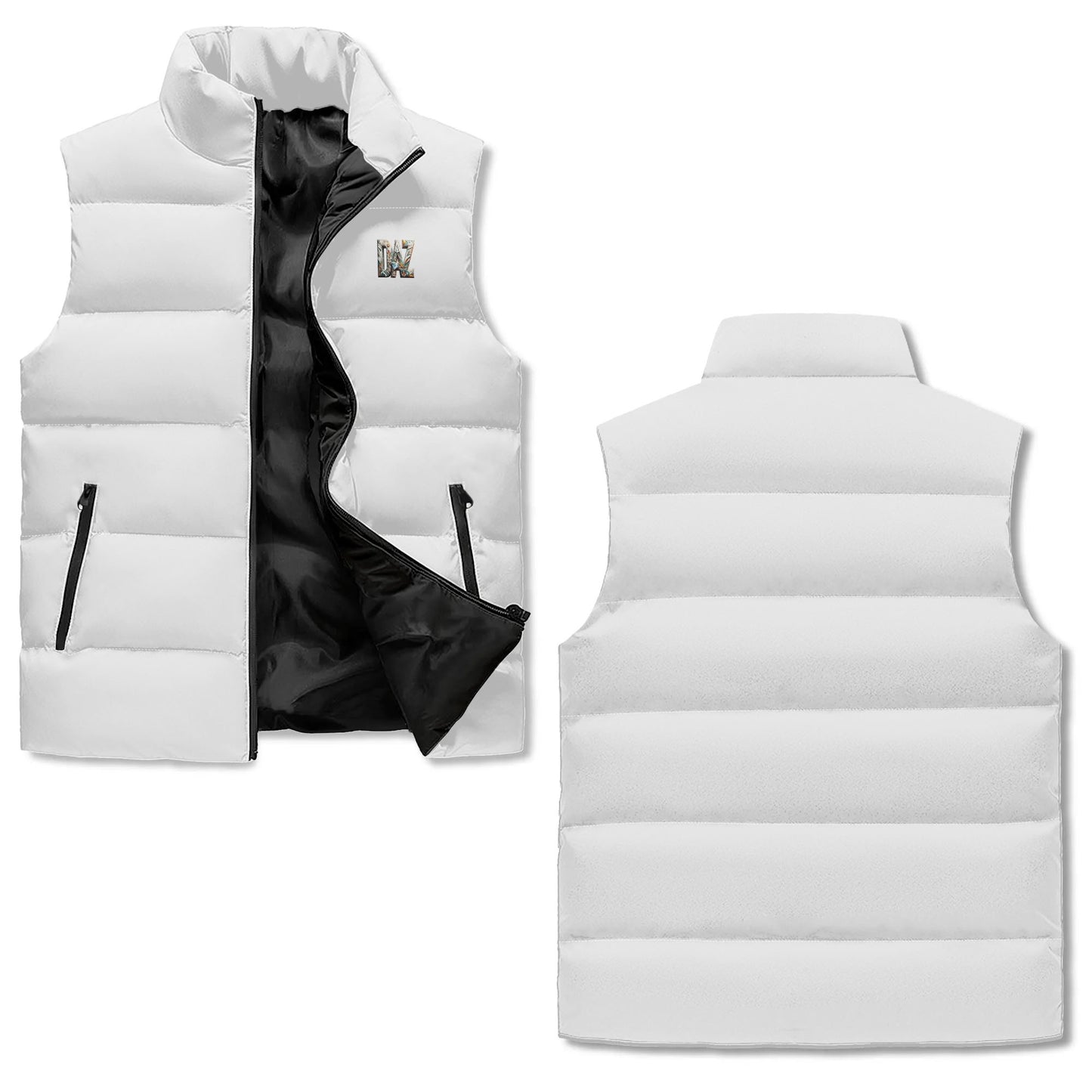 DAZ unisex lightweight quilted vest with high collar, zipper and print